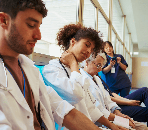 A medical team on break in a hallway